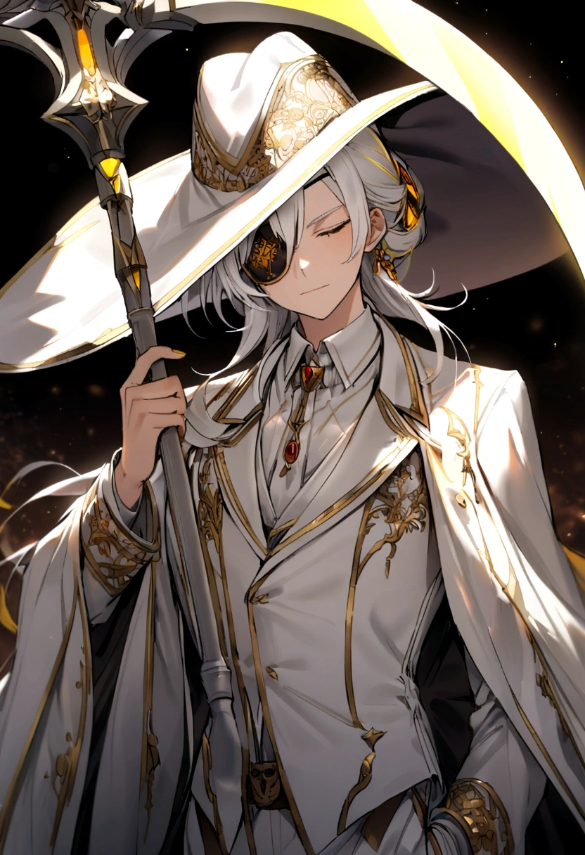 Hair style, eyes closed, white hair, wearing a white suit with yellow highlights, wearing an eye patch, red and white headphones. He held a death scythe and had two lights beside him. He wore a white witch's hat.