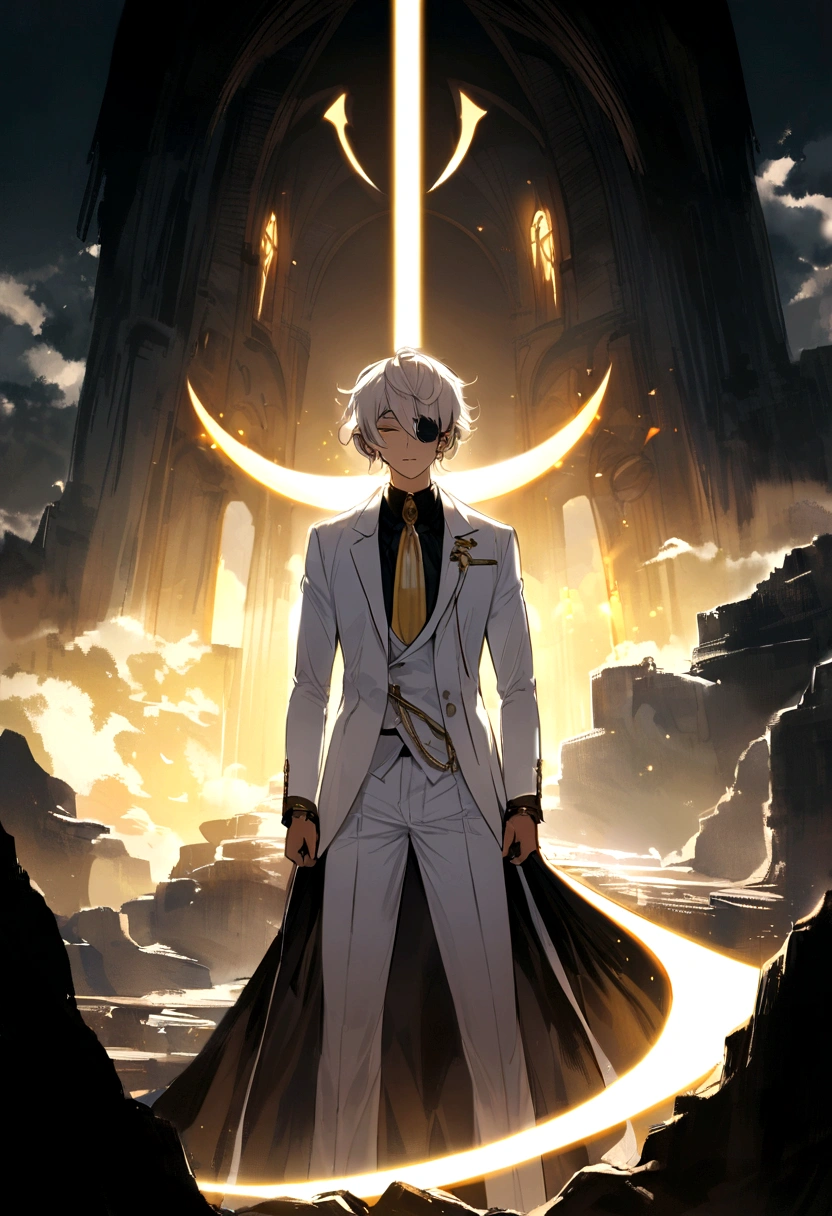 Hair style, eyes closed, white hair, wearing a white suit with yellow highlights, wearing an eye patch, red and white headphones. He held a death scythe and had two lights beside him. He wore a white witch's hat.