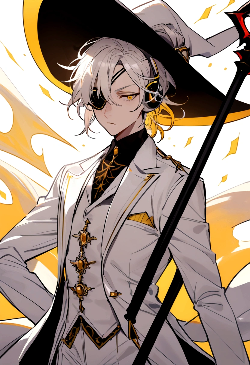 Hair style, eyes closed, white hair, wearing a white suit with yellow highlights, wearing an eye patch, red and white headphones. He held a death scythe and had two lights beside him. He wore a white witch's hat.