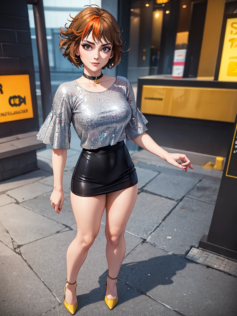 merula, high heels, red lipsstick, tonified legs, grey sequin mini skirt, full body, thighs, yellow top