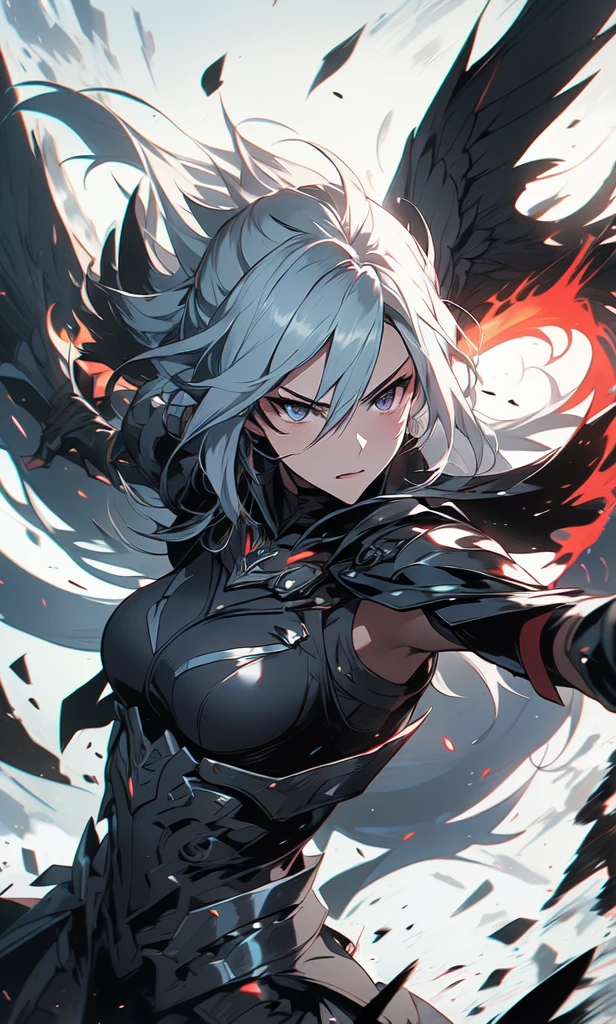 1girl, solo, anime, anime girl,((masterpiece)), HDR, 8k, photogenic, trending on artstation, ((ultra-detailed)), ((best quality)), ((intricate details)), white hair, black wings, from arknights, middle shot of a female anime hero, artgerm and atey ghailan, arknights, in combat, dynamic, dynamic pose, dynamic composition, attack, fate grand order, anime style like fate/stay night, senti, black eyes, white hair, poinytail, mature, (anger, tsurime:1.33), cursed armor, high tech armor, black armor, stealthtech ,scifi ,cutting edge , sleek angular, flames, destruction, world on fire, apocalyptic mass destruction