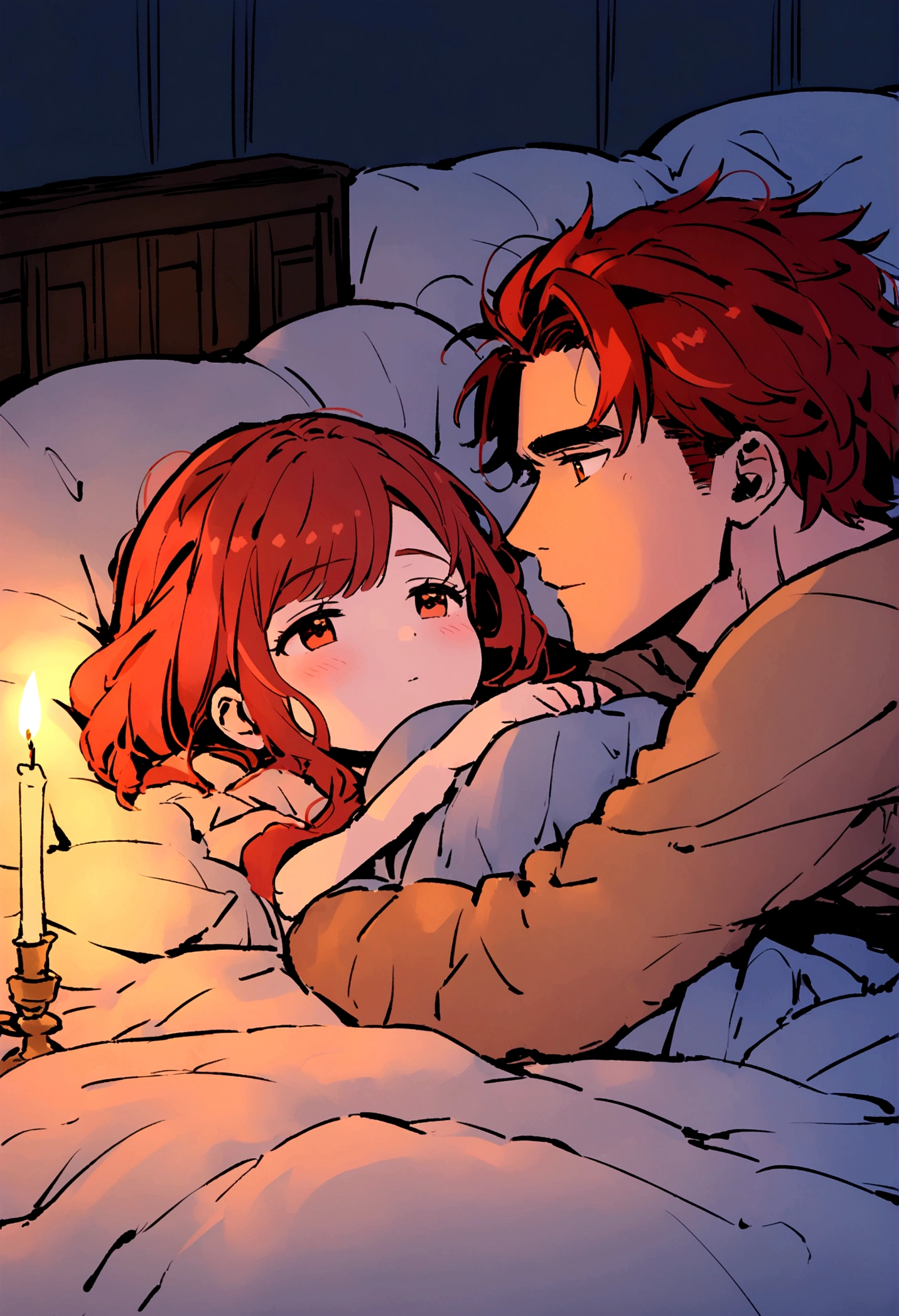 A cute red-haired girl and a tall, strong man are cuddling together in a large, cozy bed at night. The room is dark, illuminated only by the soft, flickering light of candles, creating a warm and intimate atmosphere. The couple is nestled comfortably under the covers, sharing a tender moment in the cool night.