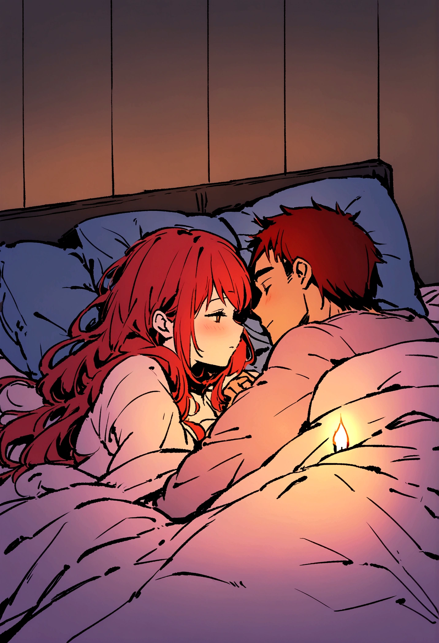A cute red-haired girl and a tall, strong man are cuddling together in a large, cozy bed at night. The room is dark, illuminated only by the soft, flickering light of candles, creating a warm and intimate atmosphere. The couple is nestled comfortably under the covers, sharing a tender moment in the cool night.