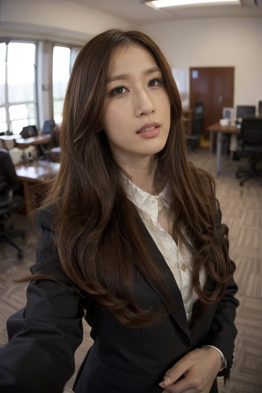 Selfie, Beautiful girl photographed with GoPro camera, Wearing business suit in office, Pointed face, Stylish long hair，Natural lighting, Fisheye lens, Blood granules, Shadow face