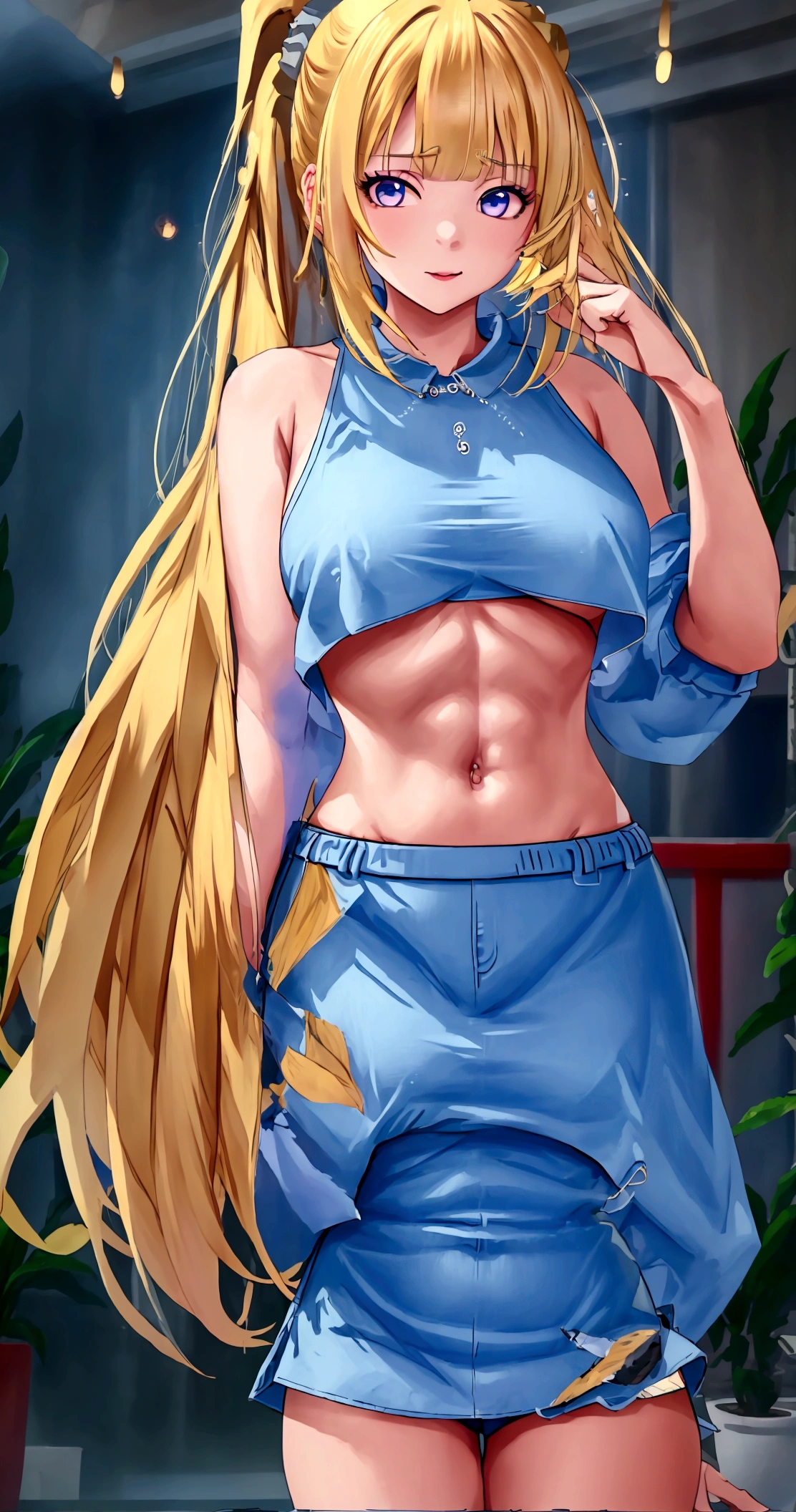 masterpiece、top-quality、hight resolution)、 Real life adaption for this character, Masterpiece, high quality, best lighting, cinematic, 1girl, blonde hair, ponytails, crop top, underboob, cowboy shot, ((mini short pants)), (perfect body), (((big thigh))), looking at viewer, standing, pool