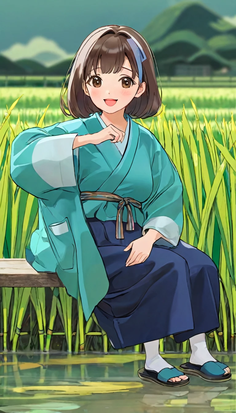 Generate an image of a rural father working in a rice field。
that time、Please write with the following characteristics。

"""
Draw animated characters in a warm, hand-drawn style。
This character is a middle-aged woman.、Has a friendly atmosphere、There is a small bandage on the right side of his face.。
She has short brown hair、It has a soft volume.、Standing in a relaxed position。

The character&#39;s outfits are as follows:：
tops：Light green crew neck shirt。The fabric of the shirt is soft、A slightly loose silhouette。
cardigan：薄紫色の長袖cardigan。cardiganは前を開けたままにしており、The hem is a little long、Movement-friendly design。
skirt：膝丈の黄色いskirt。skirtはシンプルなデザインで、A-line silhouette for easy movement。
socks：茶色のsocks。socksはふくらはぎの中ほどまでの長さで、Slightly thick material。
Sandals：紫色のSandals。Sandalsはストラップ付きで、Designed for ease of walking。
The characters have a warm look、Mouth slightly open, showing a humorous smile。The eyes are narrowed into a half moon shape、It is a facial expression that conveys friendliness and kindness.。The overall color scheme is bright.、Gives a casual and friendly impression。

Character postures and poses：
Stretch your left hand out to the side、The right hand hangs naturally at the side of the body.。
Feet are about shoulder-width apart、Relaxed stance。
background：backgroundはシンプルで、Use a single color or soft pastel colorake your characters stand out。
Other features：The outlines of the characters are clearly drawn.、A touch that gives off the warmth of hand-drawn art。Shadows and highlights are kept to a minimum.、Flat color usage。
"""