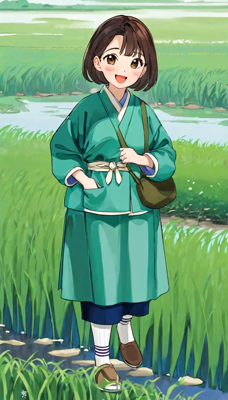 Generate an image of a rural father working in a rice field。
that time、Please write with the following characteristics。
"""
Draw animated characters in a warm, hand-drawn style。
This character is a middle-aged woman.、Has a friendly atmosphere、There is a small bandage on the right side of his face.。
She has short brown hair、It has a soft volume.、Standing in a relaxed position。
The character's outfits are as follows::
tops:Light green crew neck shirt。The fabric of the shirt is soft、A slightly loose silhouette。
cardigan:薄紫色の長袖cardigan。cardiganは前を開けたままにしており、The hem is a little long、Movement-friendly design。
skirt:膝丈の黄色いskirt。skirtはシンプルなデザインで、A-line silhouette for easy movement。
socks:茶色のsocks。socksはふくらはぎの中ほどまでの長さで、Slightly thick material。
Sandals:紫色のSandals。Sandalsはストラップ付きで、Designed for ease of walking。
The characters have a warm look、Mouth slightly open, showing a humorous smile。The eyes are narrowed into a half moon shape、It is a facial expression that conveys friendliness and kindness.。The overall color scheme is bright.、Gives a casual and friendly impression。
Character postures and poses:
Stretch your left hand out to the side、The right hand hangs naturally at the side of the body.。
Feet are about shoulder-width apart、Relaxed stance。
background:backgroundはシンプルで、Use a single color or soft pastel colorake your characters stand out。
Other features:The outlines of the characters are clearly drawn.、A touch that gives off the warmth of hand-drawn art。Shadows and highlights are kept to a minimum.、Flat color usage。
"""
