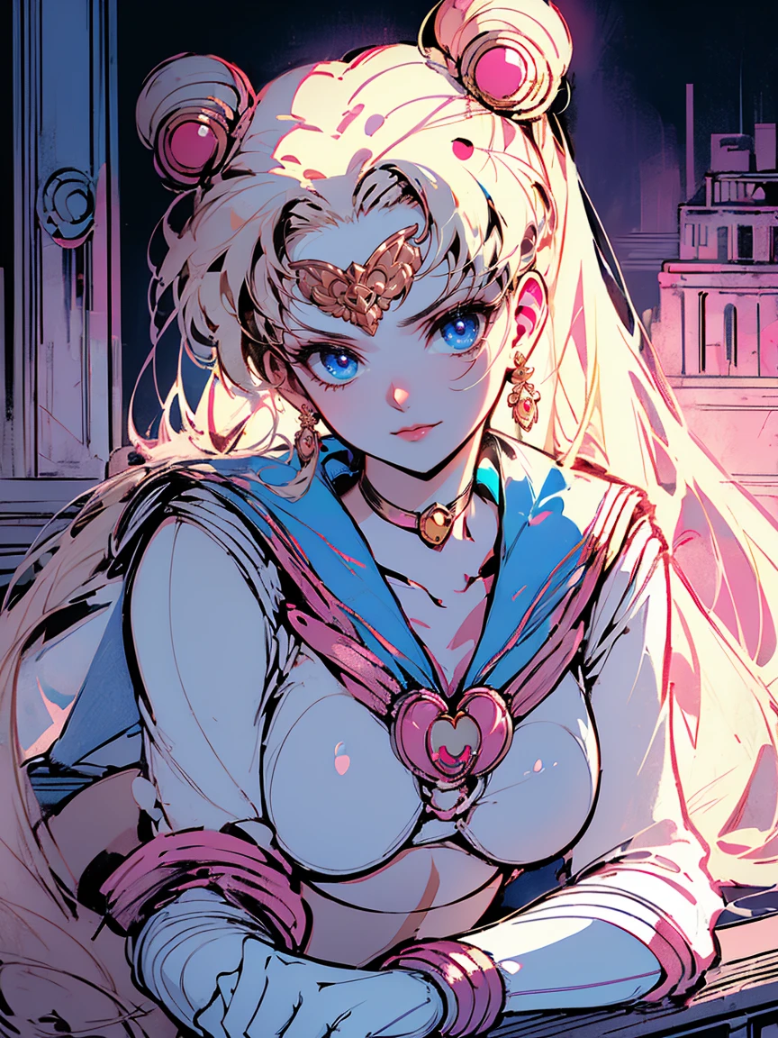 masterpiece, highest quality, High Resolution, Month 1, 1 girl, alone, ((Sailor Moon:1.3)), Usagi Tsukino, blonde, Magical girl, blue eyes, Elbow hand pockets, tiara, ((bikini:1.5)), choker, White gloves, jewelry, Earrings, smile, The background is space (Amazing details, Excellent lighting, Wide-angle), full moon,