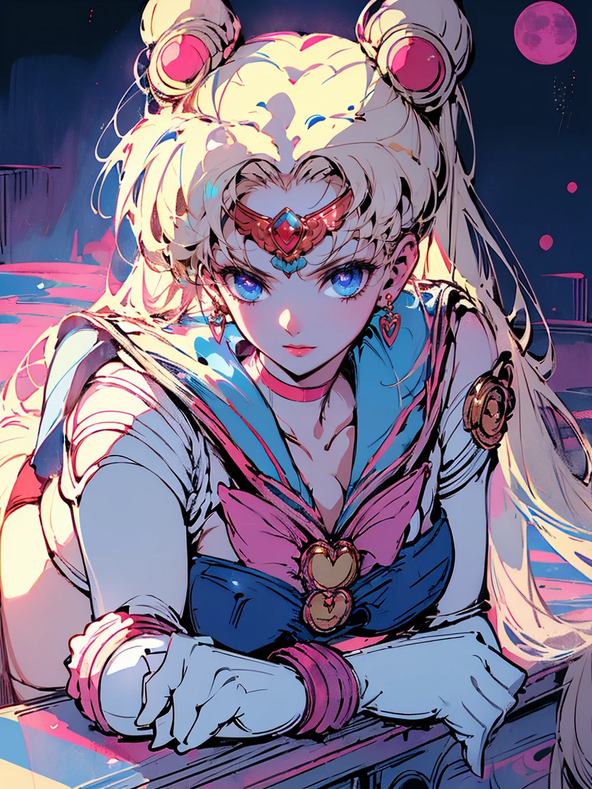 masterpiece, highest quality, High Resolution, Month 1, 1 girl, alone, ((Sailor Moon:1.3)), Usagi Tsukino, blonde, Magical girl, blue eyes, Elbow hand pockets, tiara, ((bikini:1.5)), choker, White gloves, jewelry, Earrings, smile, The background is space (Amazing details, Excellent lighting, Wide-angle), full moon,