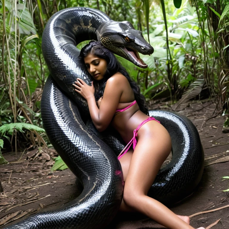 Topless pink thong wearing aroused horny beautiful happy indian girl vs Giant black anaconda monster wrapped around her body squeezing her in coiled embrace cuddling and kissing sexual erotic bestiality sex realistic in the rainforest full body, best quality wet