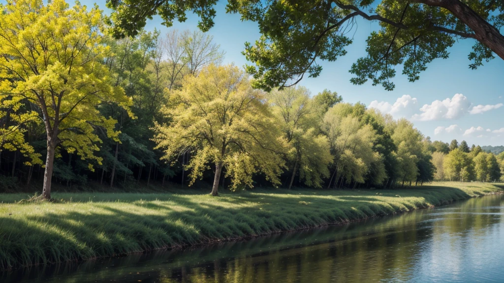 landscape with tree with yellow flowers and river
