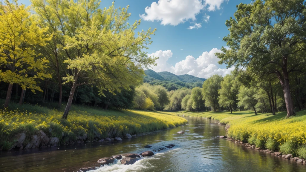 landscape with tree with yellow flowers and river