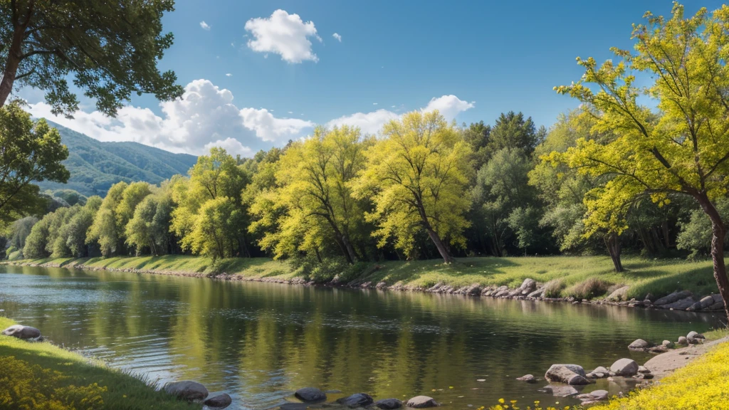 landscape with tree with yellow flowers and river