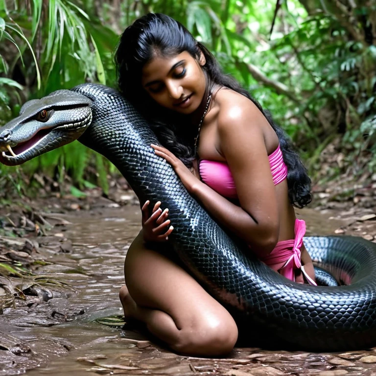 Topless pink thong wearing aroused horny beautiful happy indian girl vs Giant black anaconda monster wrapped around her body squeezing her in coiled embrace cuddling and kissing sexual erotic bestiality sex realistic in the rainforest full body, best quality wet