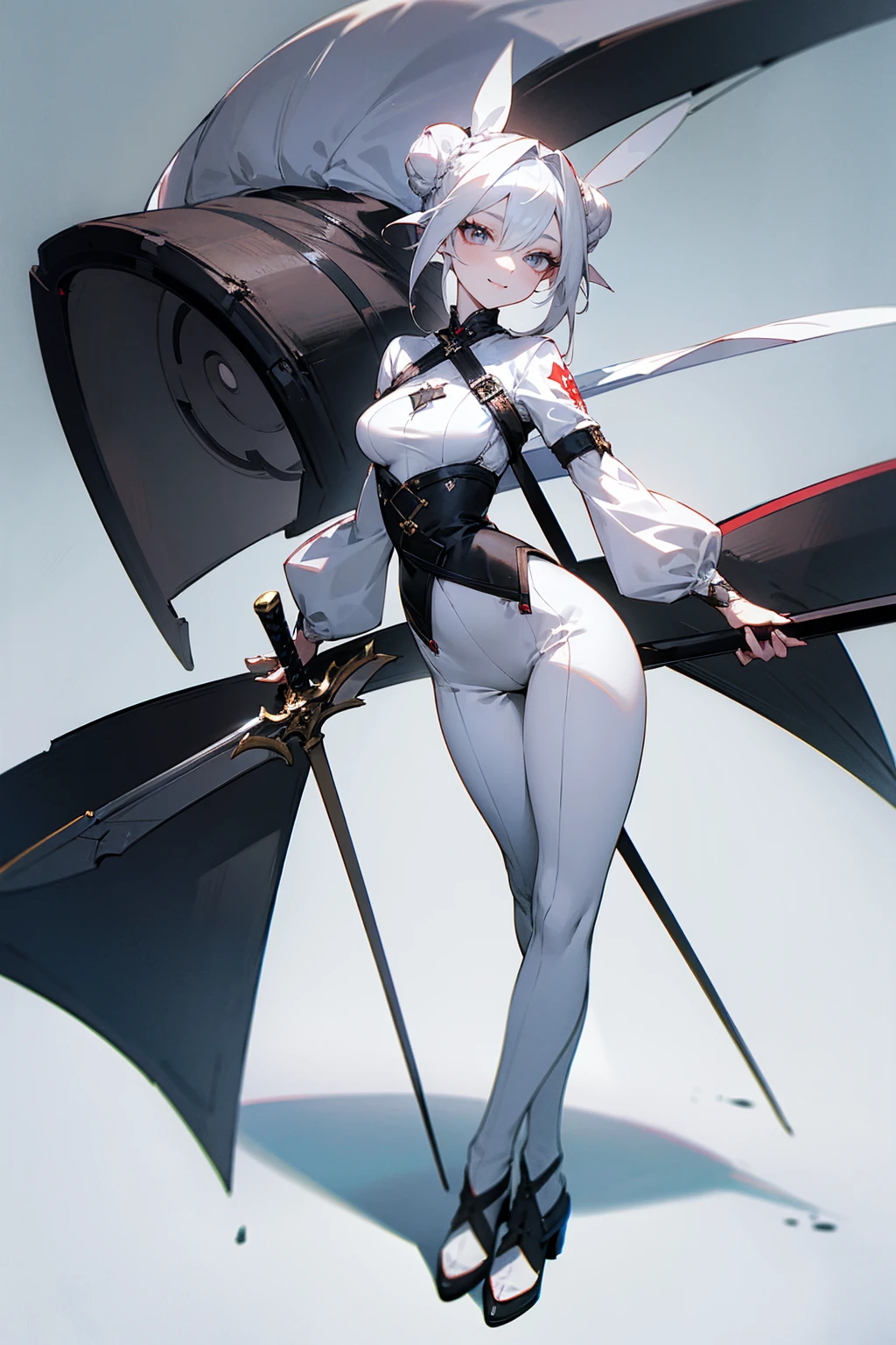 Masterpiece Quality, Perfect Generation, Sclera, Detailed Eyes, Skin, White Hair, Gray Eyes, Pale Skin, Field Background, Facing Viewer, Standing, , Female, Full Body, Nice Clothing, Sword, Hair In Buns, Attractive, Busty, Crazy Smile, Curvy,
