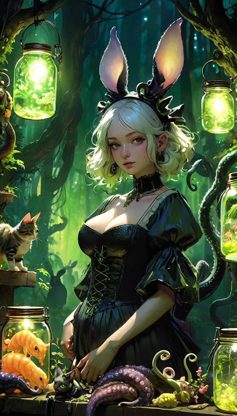Fantasy world, midnight forest, dark, eerie, strange, unnatural, (Rembrandt Lighting:1.3)light particles, lens flare, Tentacle store, various tentacles, large jars, one woman shopkeeper with cats ears, woman shopping with rabbit ears, live tentacles for sale,sideboob, Forest cat, tentacle cat, Close-up of the upper body, Artistic masterpieces that will go down in history, great backgrounds, memorable scenes, great angles, (masterpiece:1.2),(best quality:1.2),intricate details, newest, ai-generated, ,(art inspired by Bill Sienkiewicz, intricate details, oil painting)