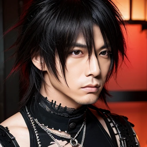 1 japanese male Gothic rocker, asien eyes, Visual Kai hairstyle, ultra detailed face and body, hyperrealistic, realistic representation, muscular, broad shoulders, tattoos gothic style, Visual Kei style, hairstyle Visual Kei, blond, 40 years old, age 40 outfit gothic streampunk, men's shirt and black pants, Asian eyes, eyes Asian, long hair