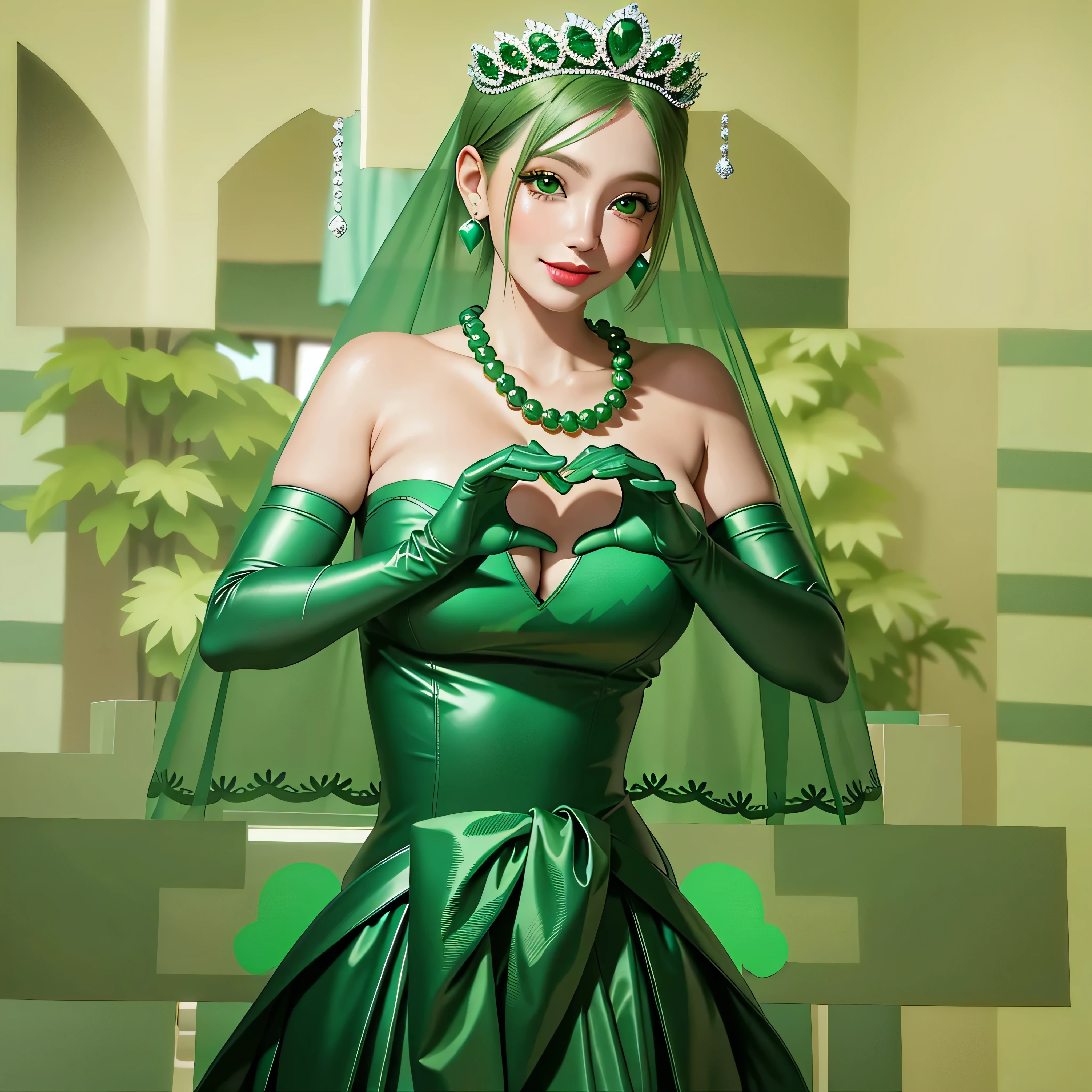 emerald tiara, Green Pearl Necklace, Boyish very short green hair, Green Lips, Smiling Japanese woman, Very short hair, Busty beautiful lady, Green Eyes, Green satin long gloves, Green Eyes, Emerald Earrings, Green veil, Heart with both hands, Green Hair, Beautiful Japanese Woman, Heart shaped hands:1.3, green lip gloss