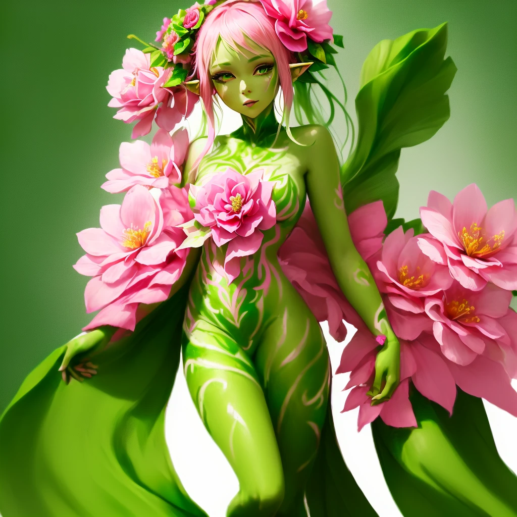 a woman in a green and pink dress holding a pink flower, elf girl wearing an flower suit, humanoid flora, fullbody painting, green colored skin!!, draped in fleshy green and pink, green and pink, green colored skin, the non-binary deity of spring, anime character; full body art, floralpunk elysian maiden, bodypaint
