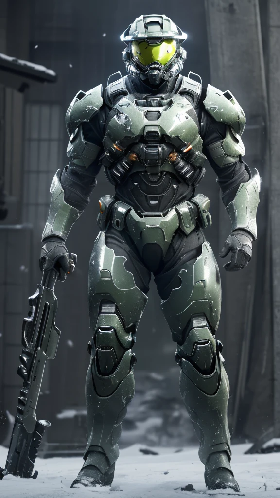 (high quality, 4K, high dynamic range) , (masterpiece, Ultra-realistic professional lighting,,Ultra-thin 8K,1 person,Full body gray benzene heavy armor suit,Detailed Master Chief helmet,male,Snow is falling all around,ruins,End of the World
