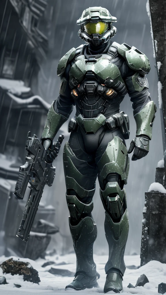 (high quality, 4K, high dynamic range) ， (masterpiece, Ultra-realistic professional lighting,，Ultra-thin 8K，1 person，Full body gray benzene heavy armor suit，Detailed Master Chief helmet，male，Snow is falling all around，ruins，End of the World