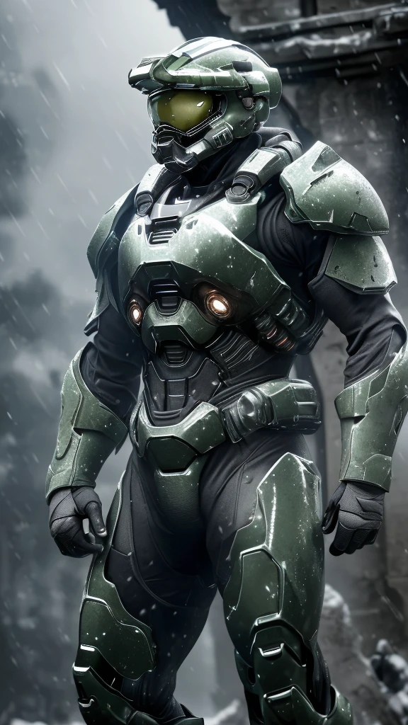 (high quality, 4K, high dynamic range) , (masterpiece, Ultra-realistic professional lighting,,Ultra-thin 8K,1 person,Full body gray benzene heavy armor suit,Detailed Master Chief helmet,male,Snow is falling all around,ruins,End of the World