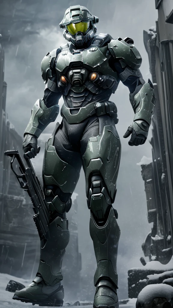 (high quality, 4K, high dynamic range) , (masterpiece, Ultra-realistic professional lighting,,Ultra-thin 8K,1 person,Full body gray benzene heavy armor suit,Detailed Master Chief helmet,male,Snow is falling all around,ruins,End of the World