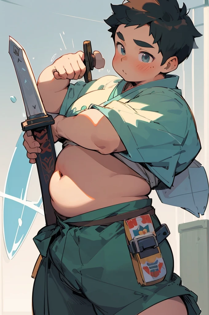 beautiful, ((chubby)), (very short hair),(tomboy), (pudgy face), (naughty) (high school students), ((young)), (androgynous), (boyish), (handsome), ((thick)), (overweight), (beefy), (cute), (little brat), (naughty brat), (belly button), (Chubby body), (Round eyes), (Adventurer), (Armed), (sword), (Wearing hakama), 