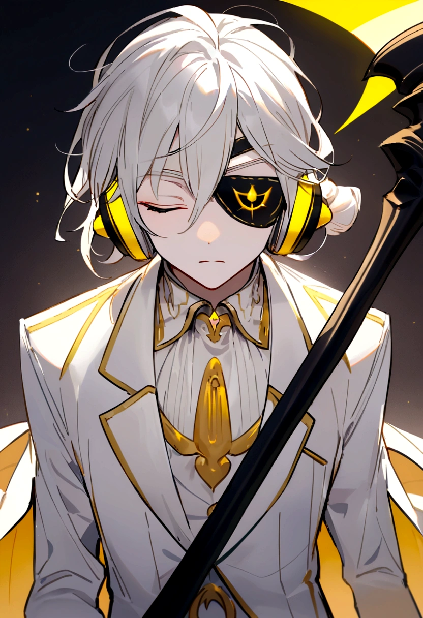 Hair style, eyes closed, white hair, wearing a white suit with yellow highlights, wearing an eye patch, red and white headphones. He held a death scythe and had two lights beside him. He wore a white witch's hat.