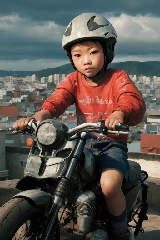 A boy riding a motorcycle in the favela