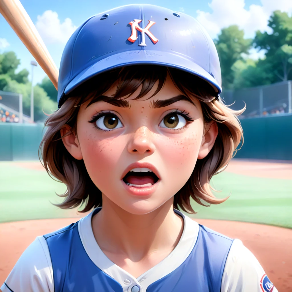 (best quality,4k,8k,highres,masterpiece:1.2),ultra-detailed,(realistic,photorealistic,photo-realistic:1.37),8 year old girl, tomboy, freckles, swinging baseball bat, great effort, determination, frustration, high definition, baseball cap, tongue sticking out, humorous expression, motion blur, detailed face, beautiful detailed eyes, beautiful detailed lips, extremely detailed face, longeyelashes, sports, baseball, outdoors, backyard