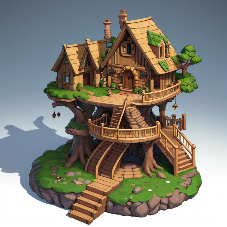 isometric view of an elf treehouse with spiral staircases and ethereal decor, Thumbnail || masterpiece, 8 k, A high resolution, shallow depth of field, sharp focus, incredible detail