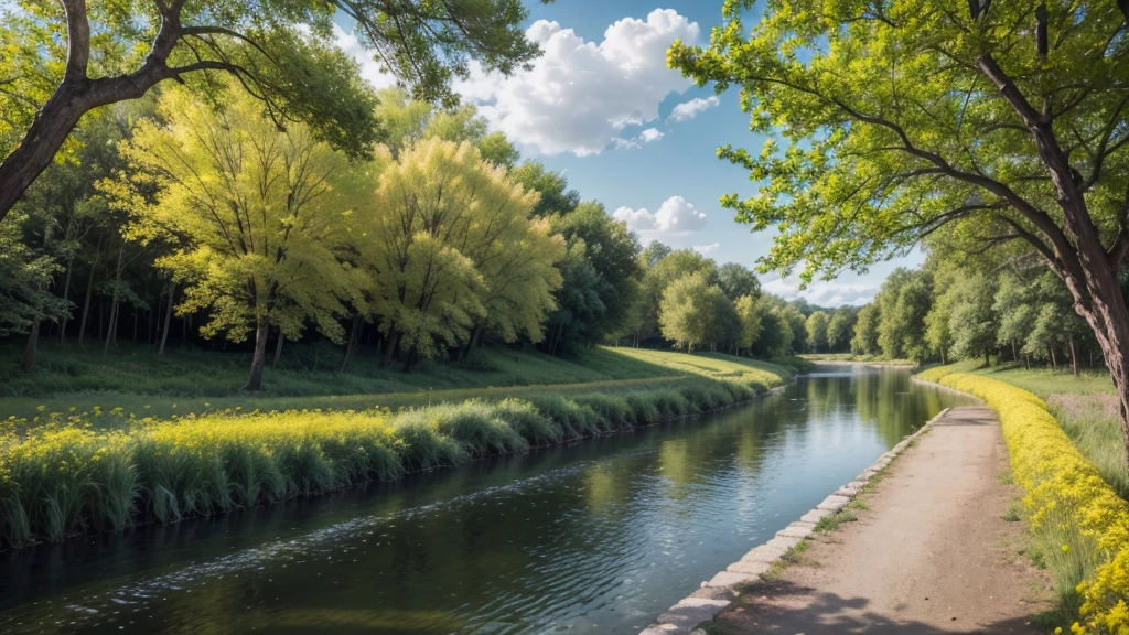 landscape with tree with yellow flowers and river