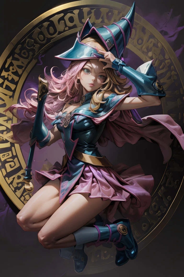 (Obra maestra:1.2), (La mejor calidad:1.2), perfect lighting, Chica Maga Oscura lanzando un hechizo, flotando en el aire, tetas grandes, escote, fondo de magia. Corazones transparente en el hambiente, bata azul, sombrero grande, desde arriba, Destellos, Yugioh Card en el fondo