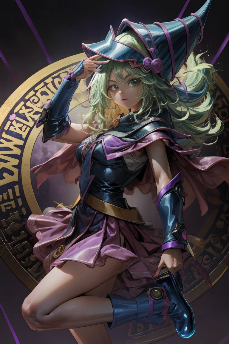 ultra detailed, extremely detailed, Masterpiece, Of the highest quality, Best Quality, absurdities, high resolution, Oscura himself, (1 girl:1.2), Alone, detailed face, dynamic pose, hair flow, (whole body:1.1), by rubio, broad, looking at the viewer, green eyes, cutaneous denture, detailed skin, skin pores, (shiny skin, shiny skin:1.1), Pink leather details, old, nail polish, Skirt, blue shoes, blue hats, Wizard hat, pared, holding has, (blue panties:0.9), (Summoning Circle:1.1), hexagram, pentacle, staff, yu give oh!, duel monster, purple magic field, glow, detailed background, intricate background,