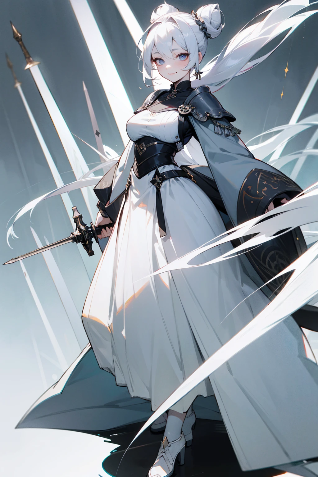 Masterpiece Quality, Perfect Generation, Sclera, Detailed Eyes, Skin, White Hair, Gray Eyes, Pale Skin, Field Background, Facing Viewer, Standing, , Female, Full Body, Nice Clothing, Sword, Hair In Buns, Attractive, Busty, Crazy Smile, Curvy,