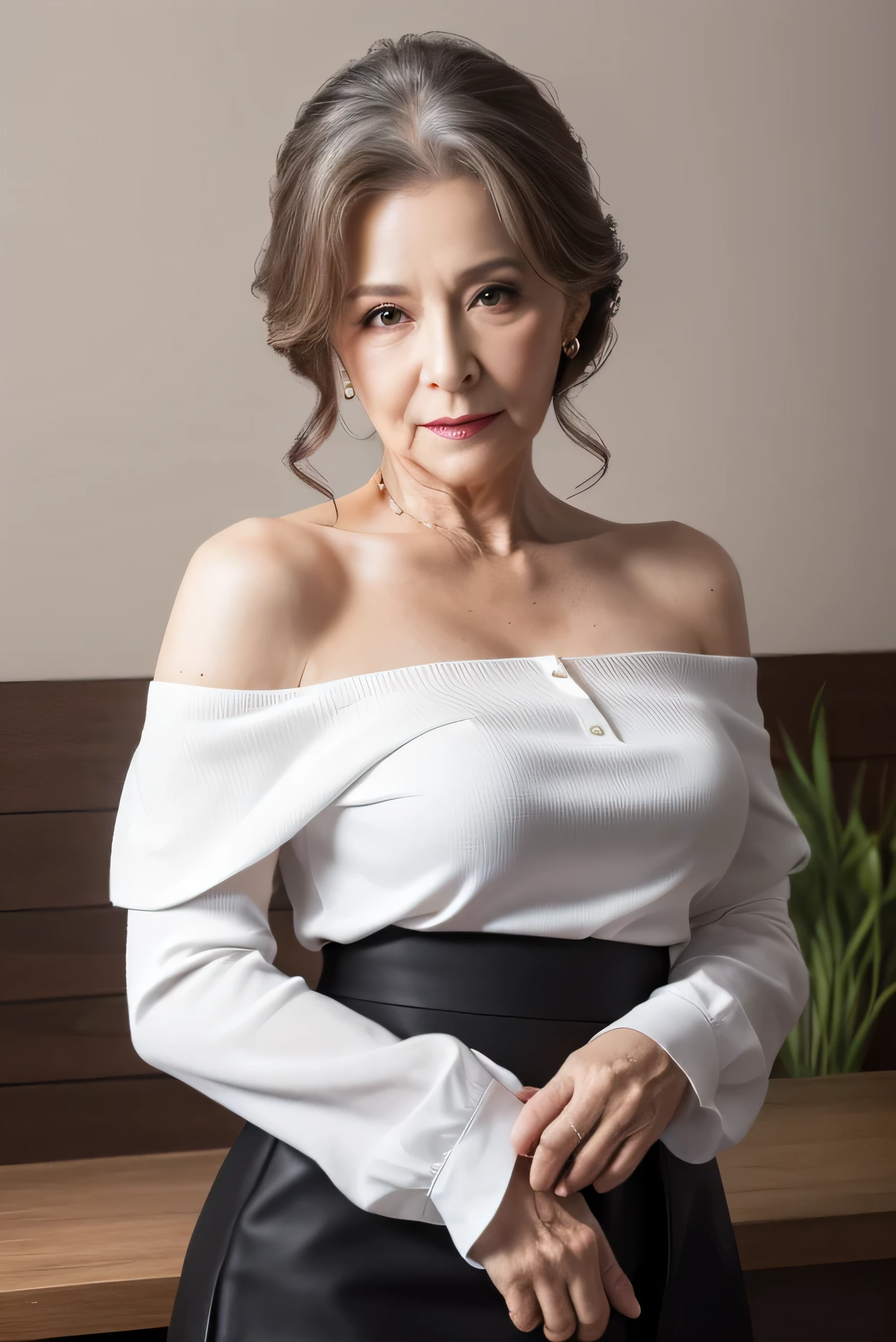 Highest quality, masterpiece, High resolution, Realistic, RAW Photos, 8k wallpaper, perfection, Professional Lighting, Very detailed, ((One beautiful woman)), 80 years old, Sexy Woman, ((off-the-shoulder white shirt, Black tight skirt)), Cleavage, Upper Body, ((look into the viewer'eye)), Detailed face, Beautiful eye, ((I'looking forward to it)), In the stylish dining room, sunny, bangs, Shapely breasts, ponytail, Plump and glossy lips, Cowboy Shot, ((Place your arms between your legs))