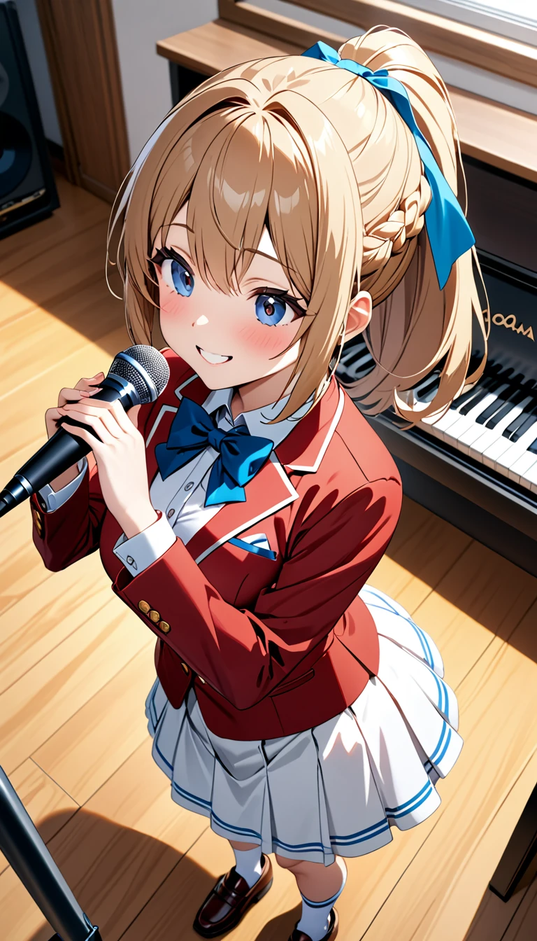 masterpiece, best quality, highres, ponytail hair, (single braid:1.2), hair ribbon, red blazer,buttoned blazer, blue bowtie, long sleeves, white skirt, socks,loafers,singing in music room,smile,from above