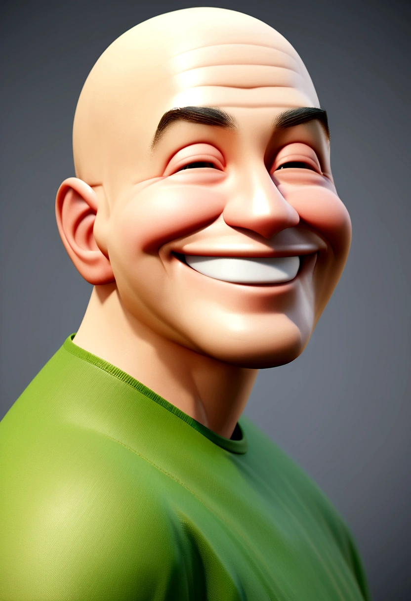 Illustration of bald man in his 30s, green shirt., smiling happily at the camera, Cheek Smile, he is smiling, very big smile, smiling man, headshot profile photo, laughing huge smile, drawing in 3D artistic style, c4d, pure white color background, Disney style, super detail pixar style rendering illustration, 8k