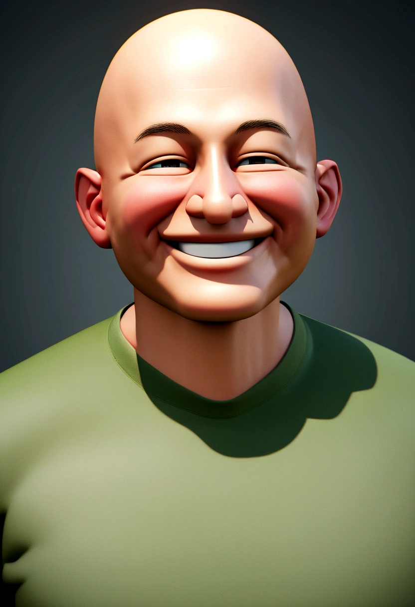Illustration of bald man in his 30s, green shirt., smiling happily at the camera, Cheek Smile, he is smiling, very big smile, smiling man, headshot profile photo, laughing huge smile, drawing in 3D artistic style, c4d, pure white color background, Disney style, super detail pixar style rendering illustration, 8k