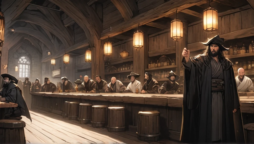 ((8k, epic quality)). The theme is medieval RPG. It's night. The setting is a large old medieval tavern, very detailed, wooden furniture, wooden walls with chandeliers completely illuminating the scene, some windows, wooden floors, there are several people(men and women) from several different classes(knights, clerics, ninjas, thiefs, monks, archers, pirates) partying wildly and drinking a lot of beer around the setting, the focus is a man(31-years-old wizard, bald, handsome face, smiling like a drunk, black beard slightly gray, white skin, brown eyes, strong and short in stature, he wears a pointy wizard's hat and legendary wizard's clothes, he is drinking beer from a mug using his left hand). The atmosphere is festive, funny, cheerful and magical. Complete view of the setting.