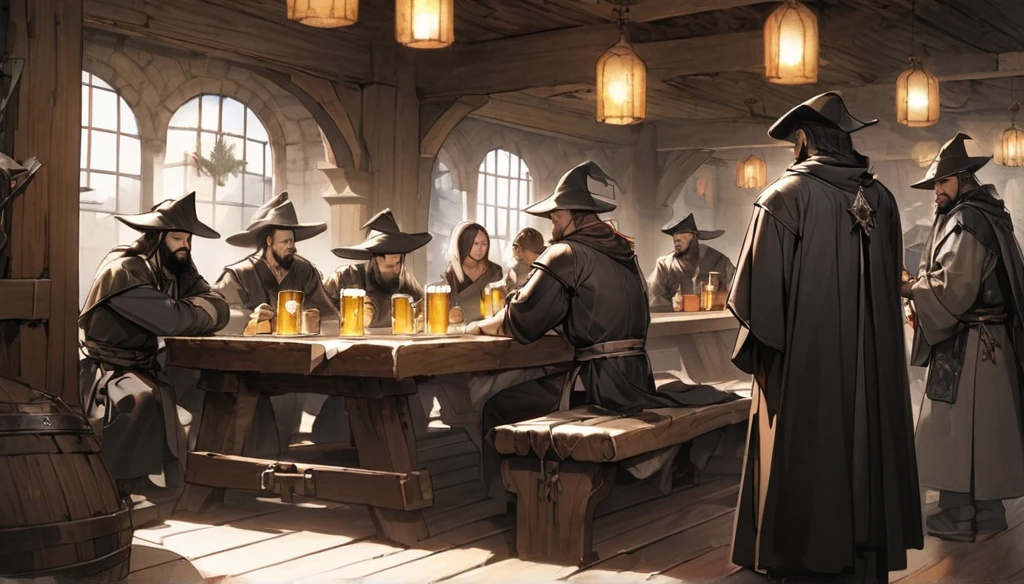 ((8k, epic quality)). The theme is medieval RPG. It's night. The setting is a large old medieval tavern, very detailed, wooden furniture, wooden walls with chandeliers completely illuminating the scene, some windows, wooden floors, there are several people(men and women) from several different classes(knights, clerics, ninjas, thiefs, monks, archers, pirates) partying wildly and drinking a lot of beer around the setting, the focus is a man(31-years-old wizard, bald, handsome face, smiling like a drunk, black beard slightly gray, white skin, brown eyes, strong and short in stature, he wears a pointy wizard's hat and legendary wizard's clothes, he is drinking beer from a mug using his left hand). The atmosphere is festive, funny, cheerful and magical. Complete view of the setting.