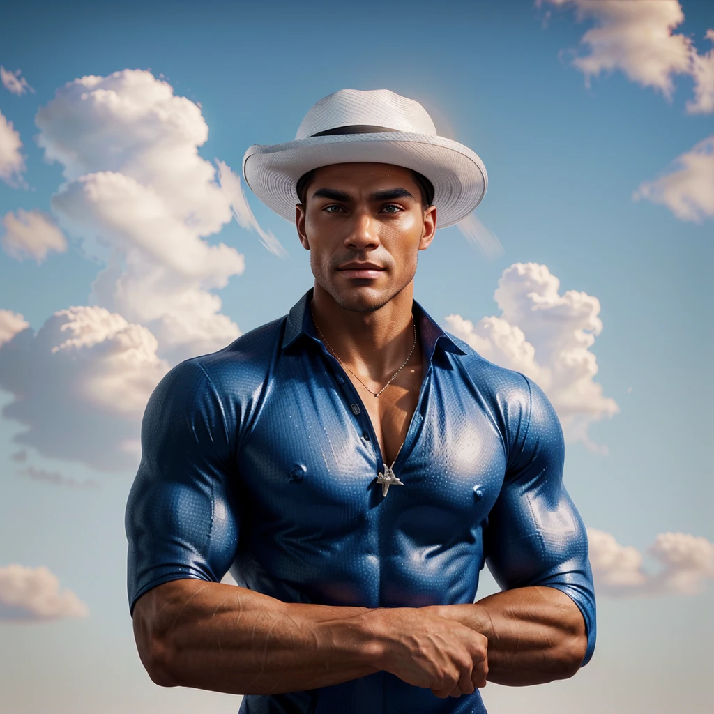 there is a man in a hat standing in front of a cloudy sky, muscle wizard, Attractive man, handsome stunning realistic, in digital illustration style, stylized digital illustration, male character, 3D 8k rendering character art, Handsome man, slim man with light tanned skin, male with halo, character with white hat, Handsome man, muscular character