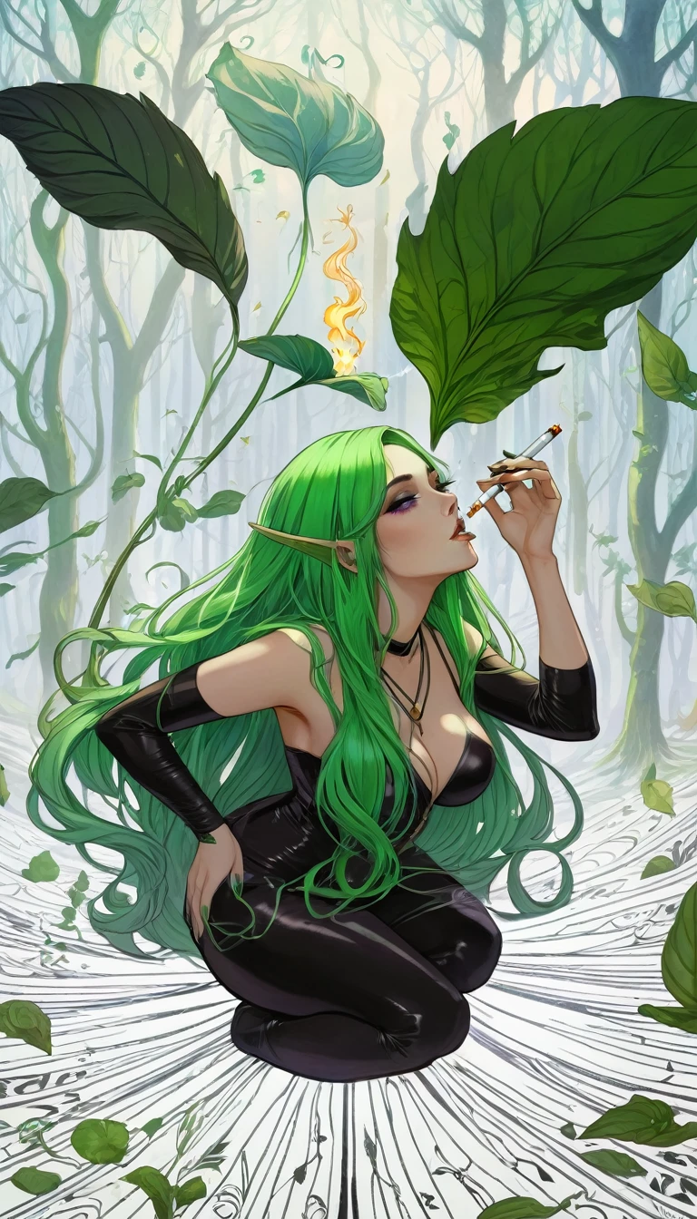 divine beautiful dlyad girl, long green hair, large breasts, personified, fantasy, she is holding a cigarette, excellent lighting, excellent anatomy, leaves, weeds, sprouts, trees, soil, ethereality, fantasy card game frame, psychedelic, psychedelic delusion, 2d Gauche hand drawn painting, masterpiece 