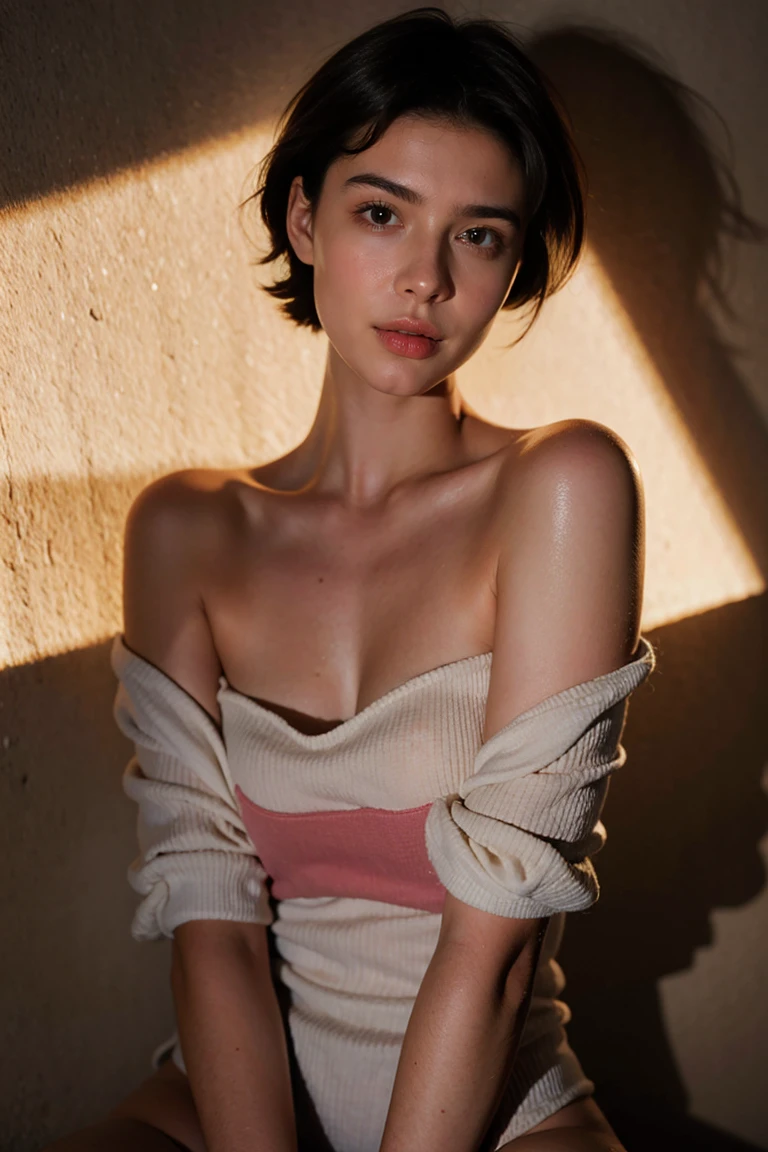 Best quality, masterpiece, ultra high res, (photorealistic:1.4), raw photo, 1girl, offshoulder, in the dark, deep shadow, low key, cold light, short hair, show armpit
