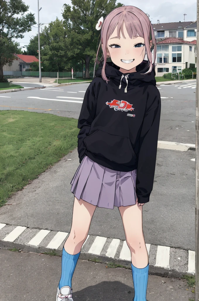 best quality, masterpiece, detailed,2d,flat color, 1girl,10yo,petit,grin,outdoor,miniskirt,socks,