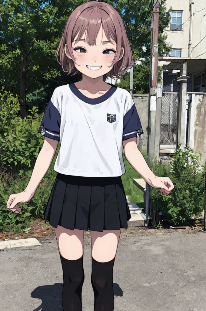 best quality, masterpiece, detailed,2d,flat color, 1girl,,petit,grin,outdoor,miniskirt,socks,nsfw