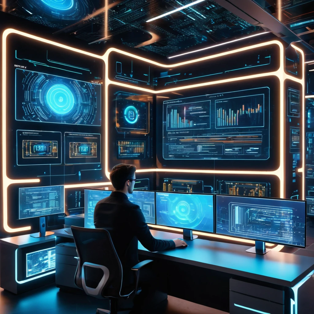 Visualize a futuristic computer programming lab in 8K resolution. Show a programmer immersed in code, surrounded by holographic screens, with hyper-detailed circuitry and a photorealistic rendering of a high-tech environment.