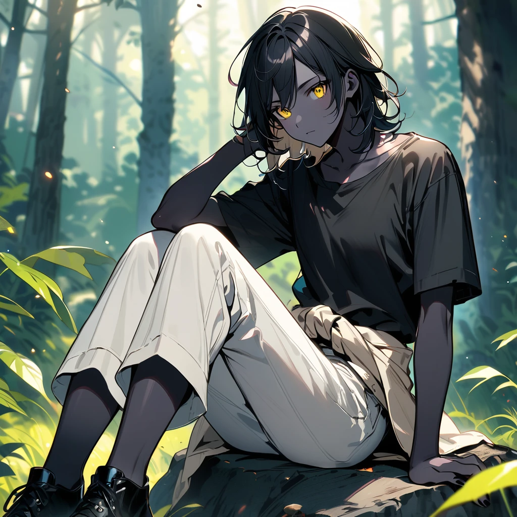 (well done: 1) man, slightly burnt black skin, shoulder-length wavy black hair, yellow eyes, black t-shirt, nails painted black, white pants, blouse wrapped around the waist, black shoes. sitting on a rock in a forest..