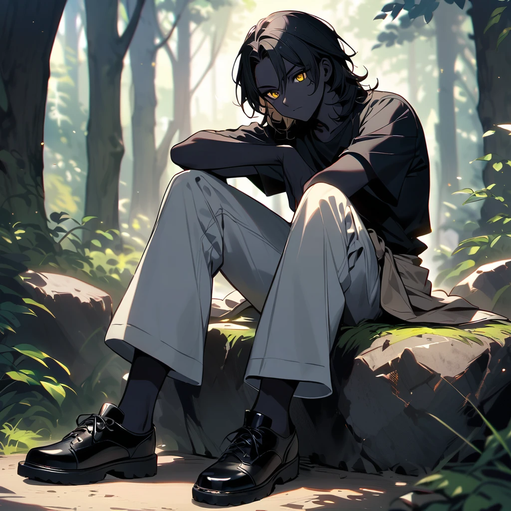 (well done: 1) man, slightly burnt black skin, shoulder-length wavy black hair, yellow eyes, black t-shirt, nails painted black, white pants, blouse wrapped around the waist, black shoes.   sitting on a rock in a forest..
